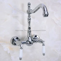 polished chrome wall mounted bathroom sink faucet swivel spout bathtub mixer dual ceramic handles nnf961