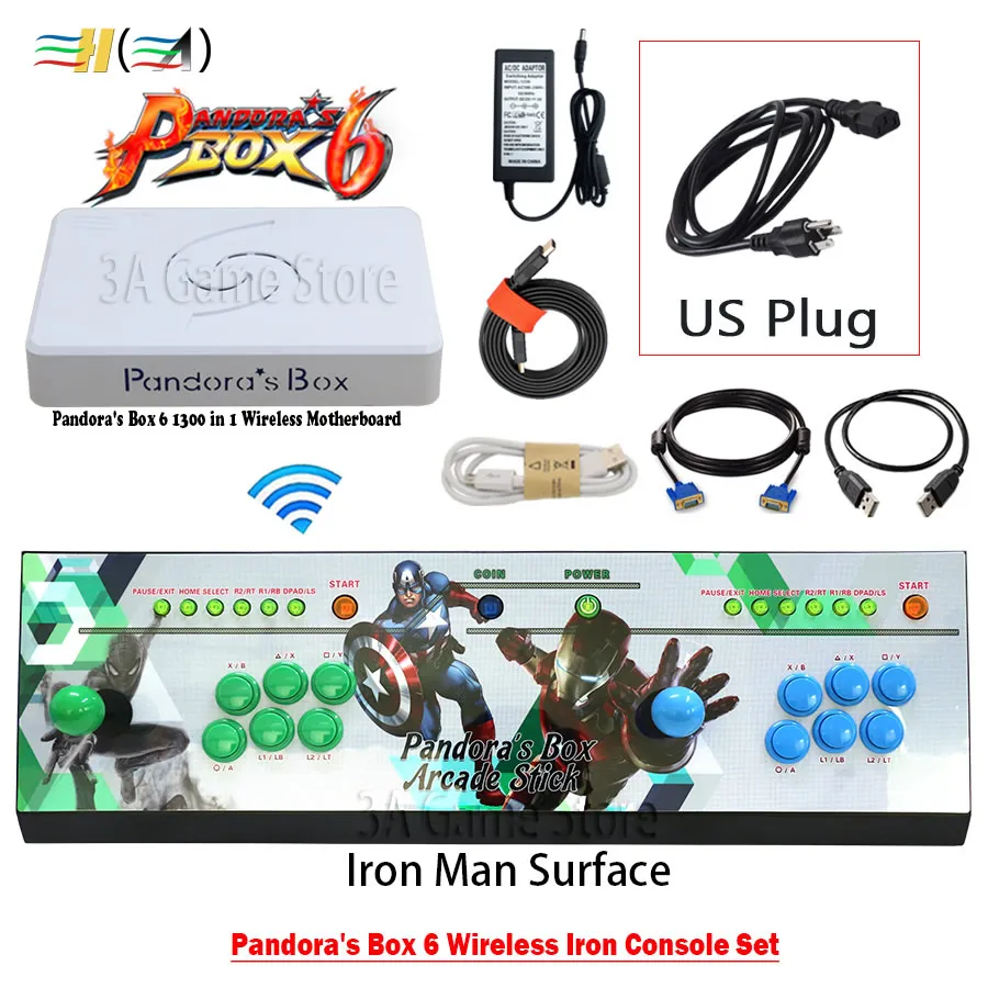 wireless IronMan1 US Оригинальная коробка Pandora 6 1300 в 1, аркадная консоль, беспроводная железная консоль, набор, 2 плеера, кнопки джойстика, HDMI, VGA, выход, ТВ, ПК, PS3 - Цвет: wireless IronMan1 US