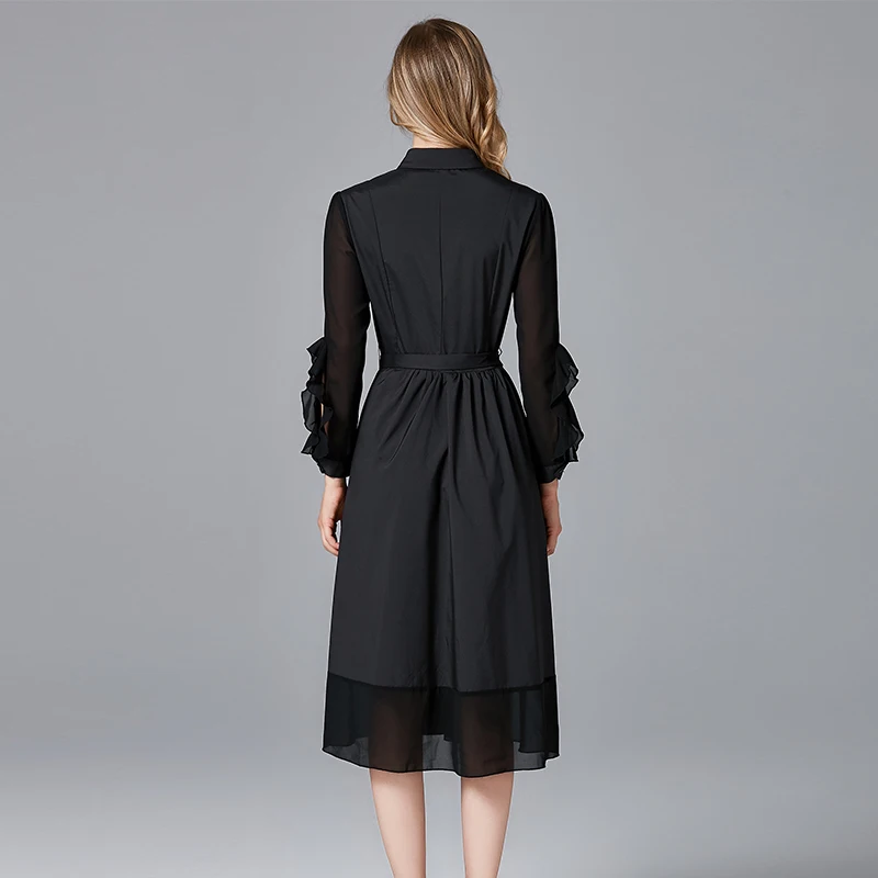 Queechalle 3XL 4XL 5XL размера плюс Повседневное платье-рубашка женское однотонное черное