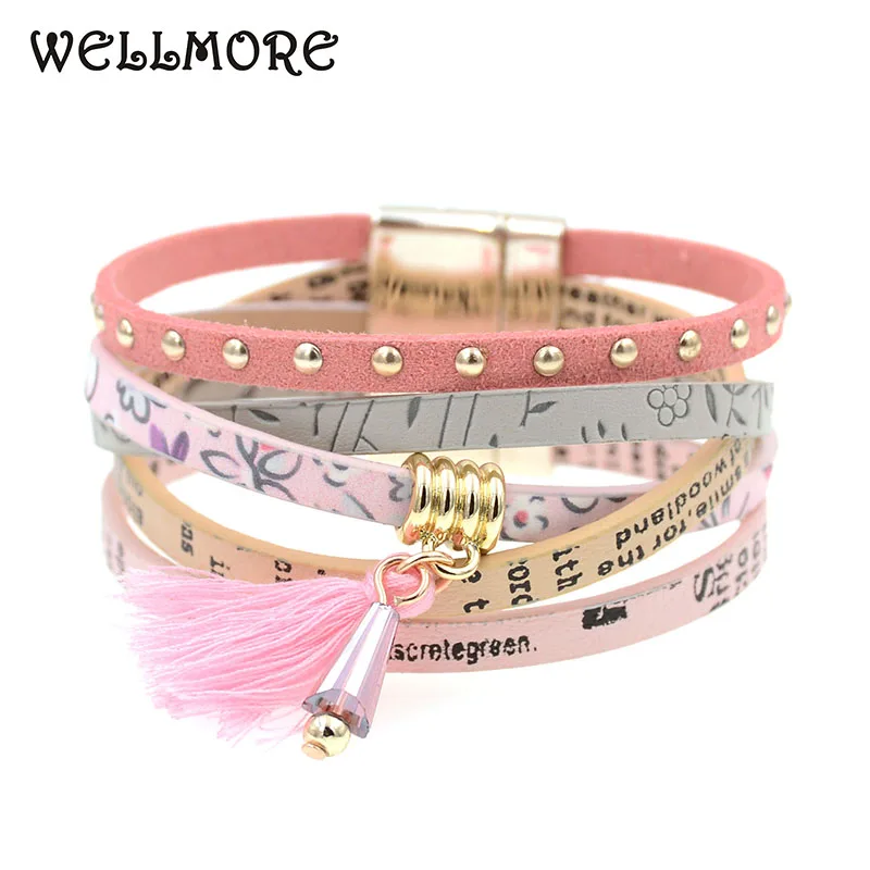 Женский кожаный браслет в стиле бохо розовый с подвесками богемном 2016|bracelets