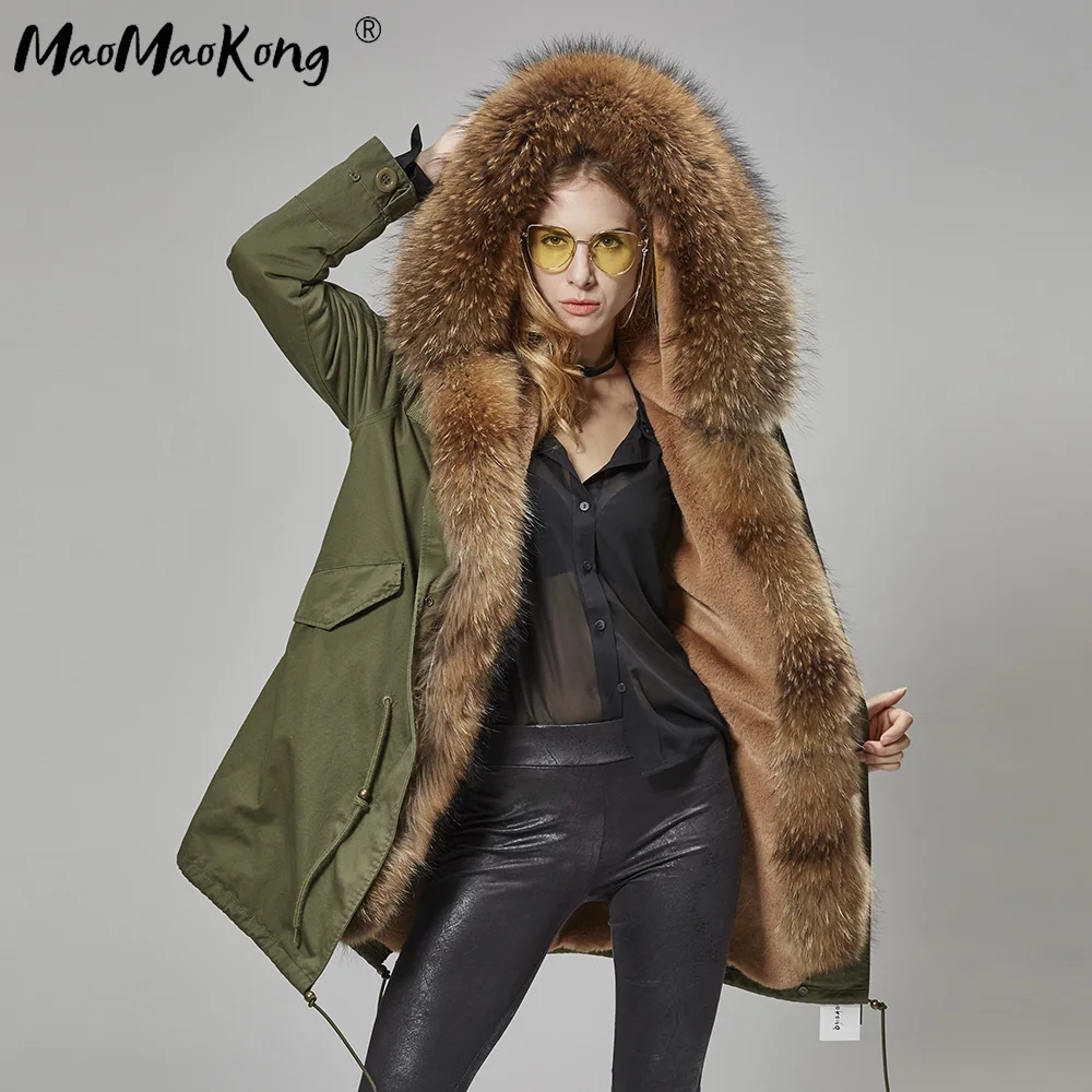 MAO KONG новинка 2019 Длинная тонкая зимняя куртка Parker Съемная Паркера с воротником из