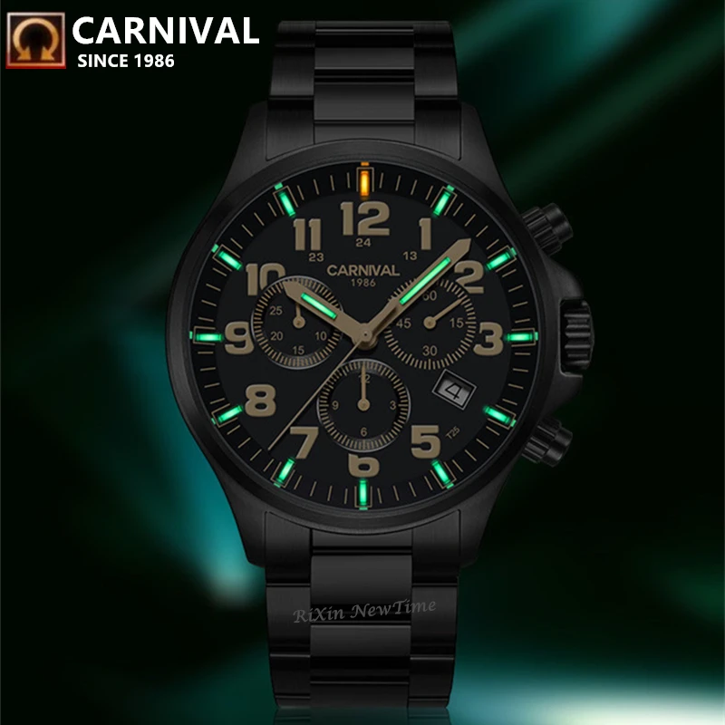 Часы наручные Carnival brand Мужские кварцевые роскошные светящиеся с хронографом и