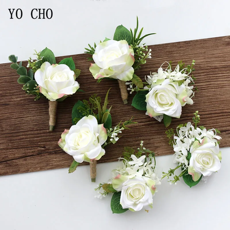 YO CHO Wedding Planner Rose Fiore Di Seta Artificiale Corsage Polso Braccialetto Sposo Fiore All'occhiello Bianco Degli Uomini di Nozze Matrimonio Fiori