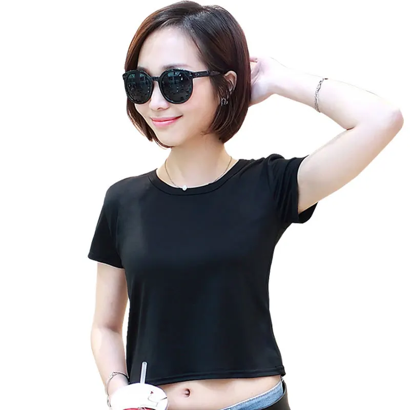 Однотонная Летняя женская укороченная майка Сексуальная короткая футболка с