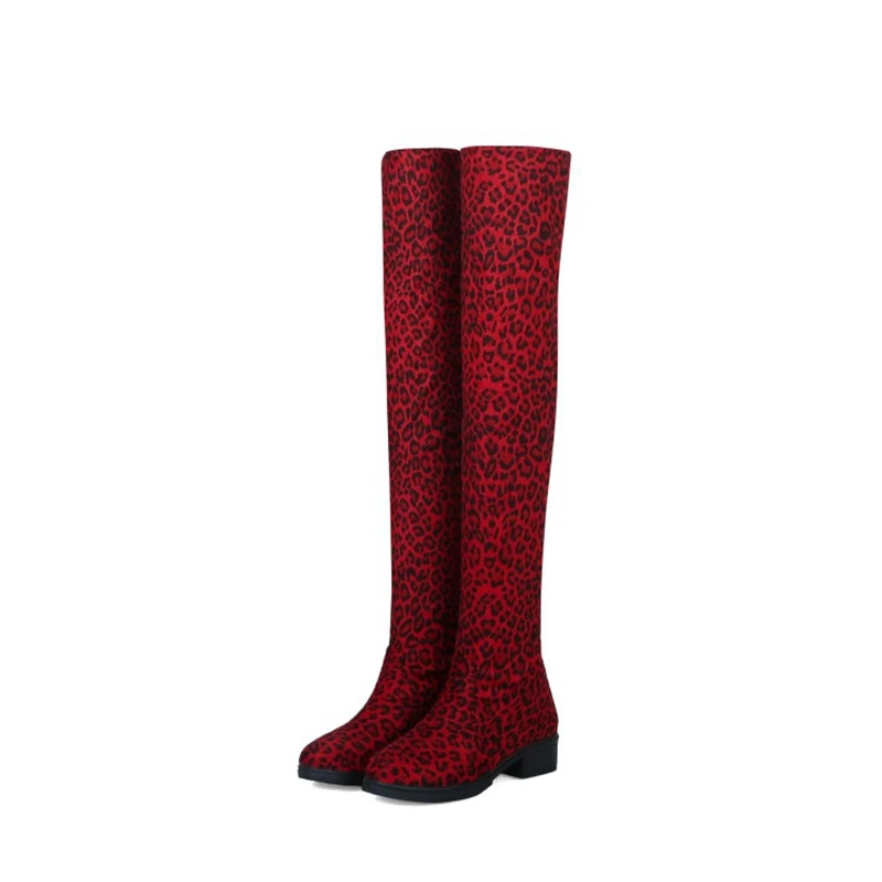 Red Lepard with fur ORCHA LISA/женские ботфорты для девочек; теплая зимняя обувь на низком каблуке; леопардовые сапоги с круглым носком; Botas Mujer; C825 - Цвет: Red Lepard with fur
