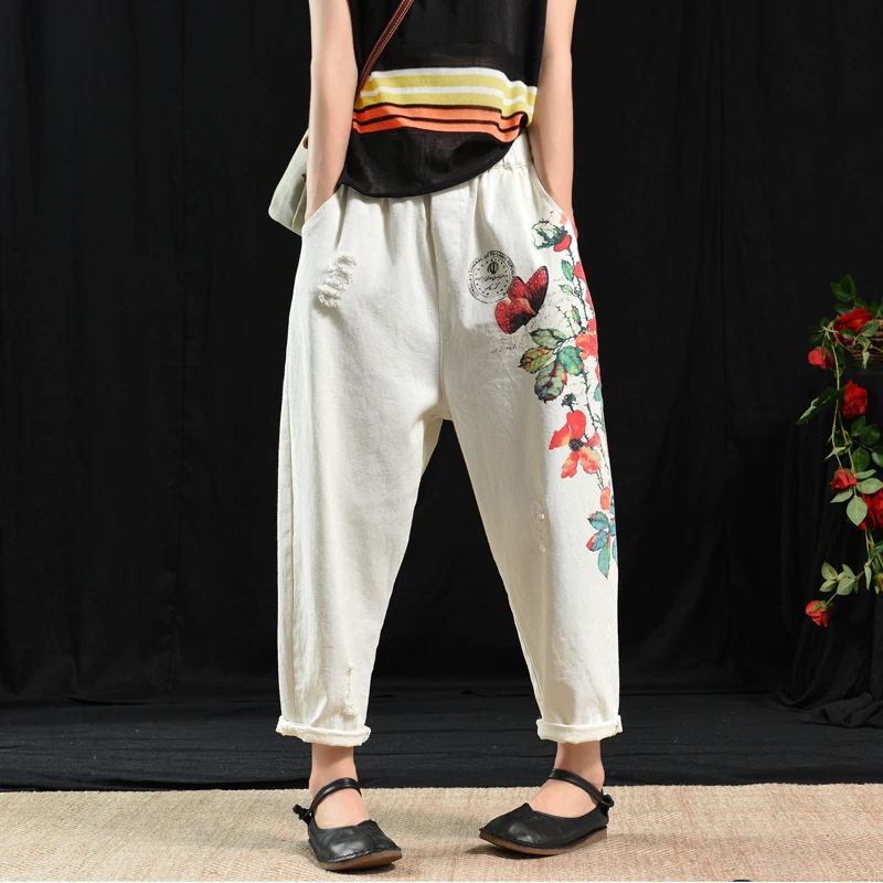 Летние брюки в стиле ретро женские свободные повседневные с эластичной резинкой