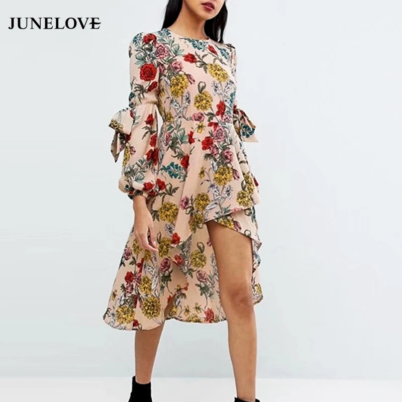 JuneLove/2019 весеннее женское платье с принтом прерия шик v-образный вырез открытая