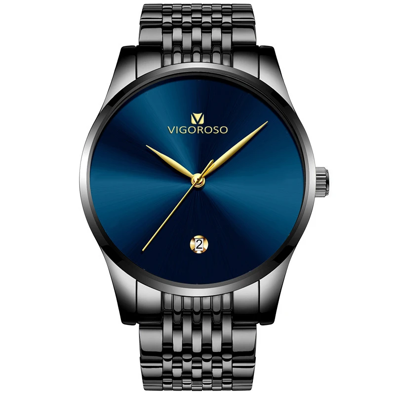 Black Blue VIGOROSO роскошные часы мужские черные Нержавеющая сталь ультра тонкие часы Для мужчин s Дата спортивные Кварцевые Для мужчин наручные часы Relogio Masculino - Цвет: Black Blue
