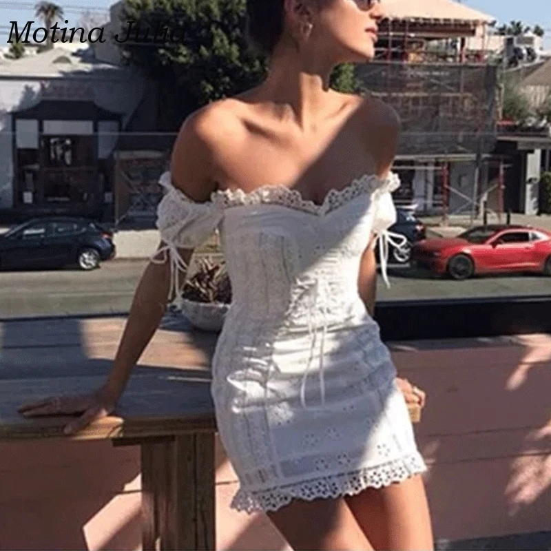 Motina Julia 2019 летнее кружевное вязаное платье для женщин с открытыми плечами