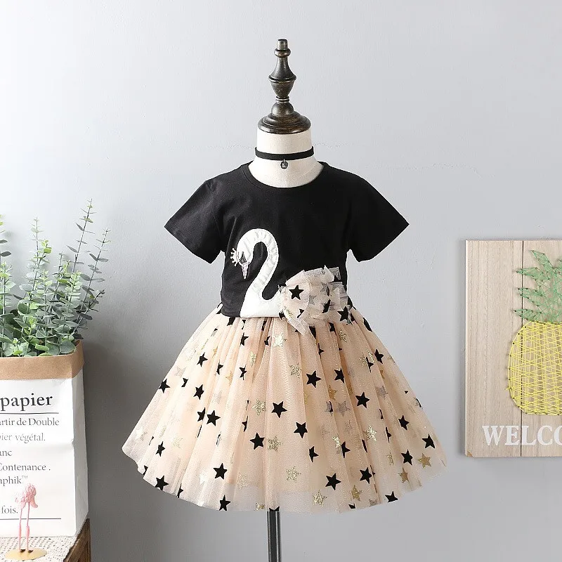 Fashion Toddler Baby Girl Suit Tops T Shirt Two Piece Chiffon Gauzy Dress Children Kids Flamingo Skirt Clothing Set | Детская одежда и