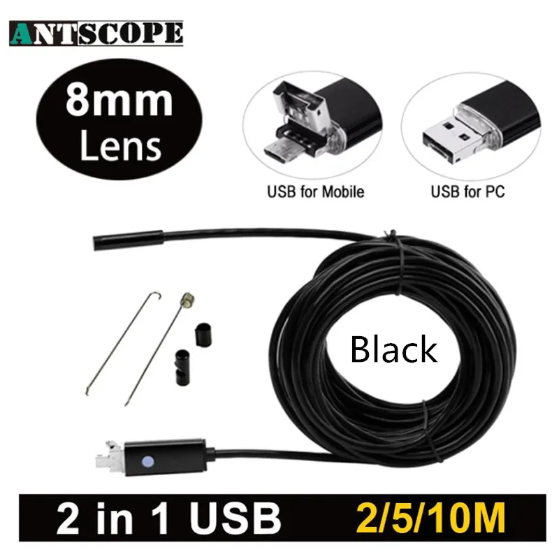 Antscope 2 в 1 USB Android эндоскоп камера м/5 м/10 м ПК и 8 мм телефоны бороскоп змея трубка