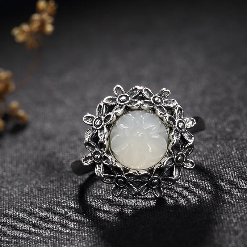 

2019 Time-limited Women Anel Feminino New Arrival S925 Pure Antique Mosaic And Tian Yu Flower Lady High-end Open Ring Wholesale