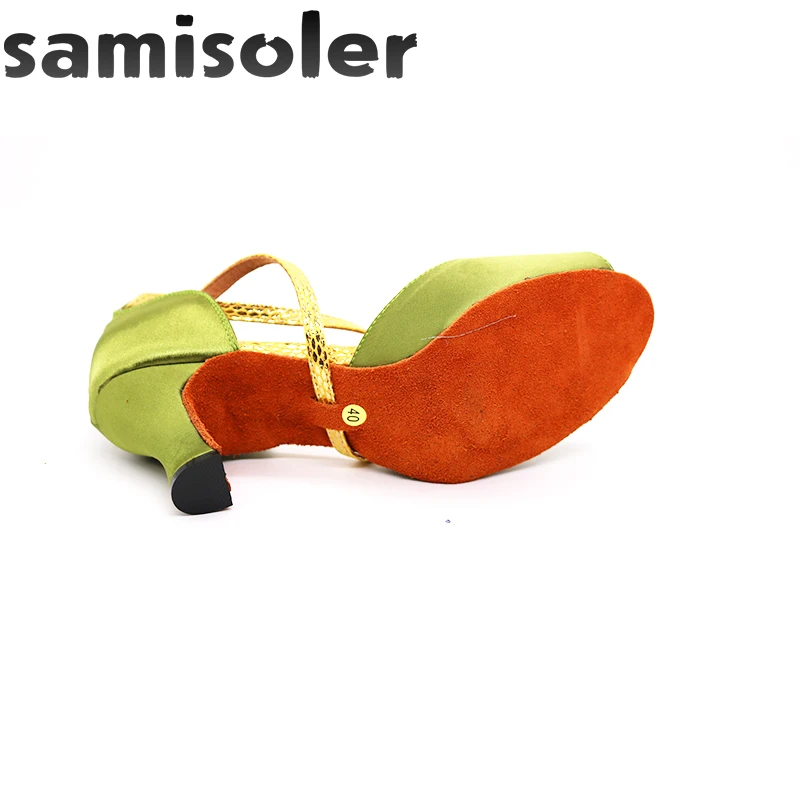Samisoler Green New Cloth Collocation Shine Ribbons Ballroom Fashion Dance Women Latin Dance Competition Shoes