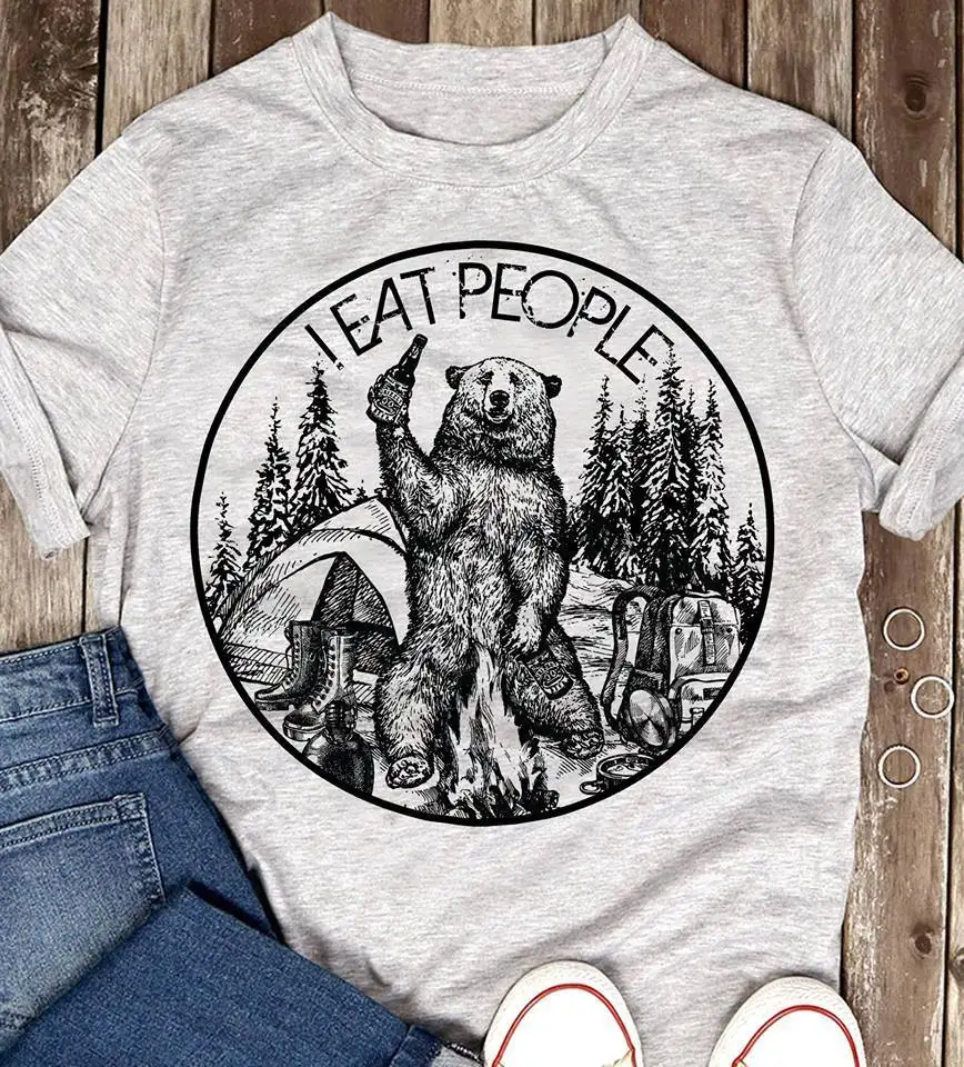 Camping I Eat People, футболка, Забавный медведь, Спортивная, пепельная, хлопок, Мужская футболка, размер, мультяшная футболка, мужская, унисекс, новая, модная футболка