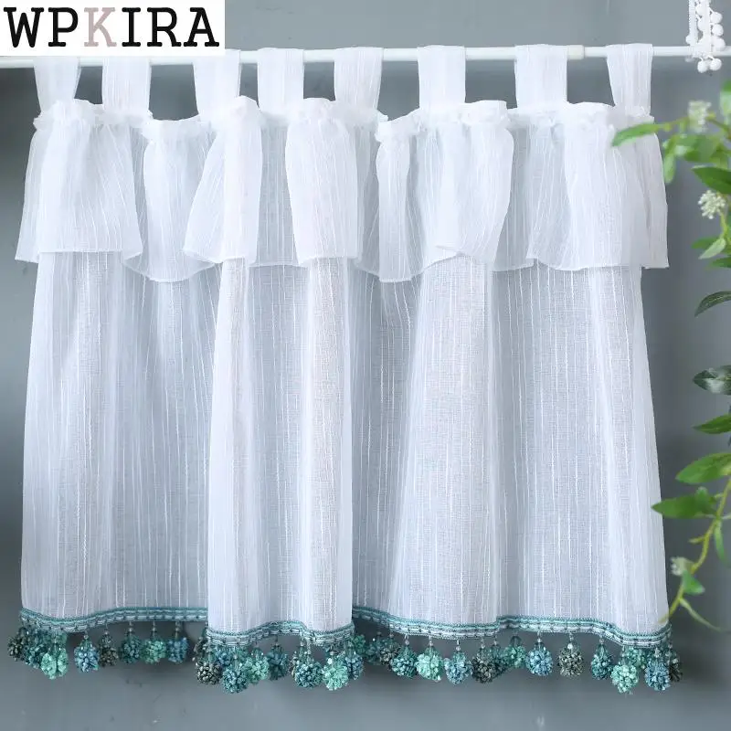 Белые короткие тюлевые занавески для кухни готовые зеленые плавающие бусины