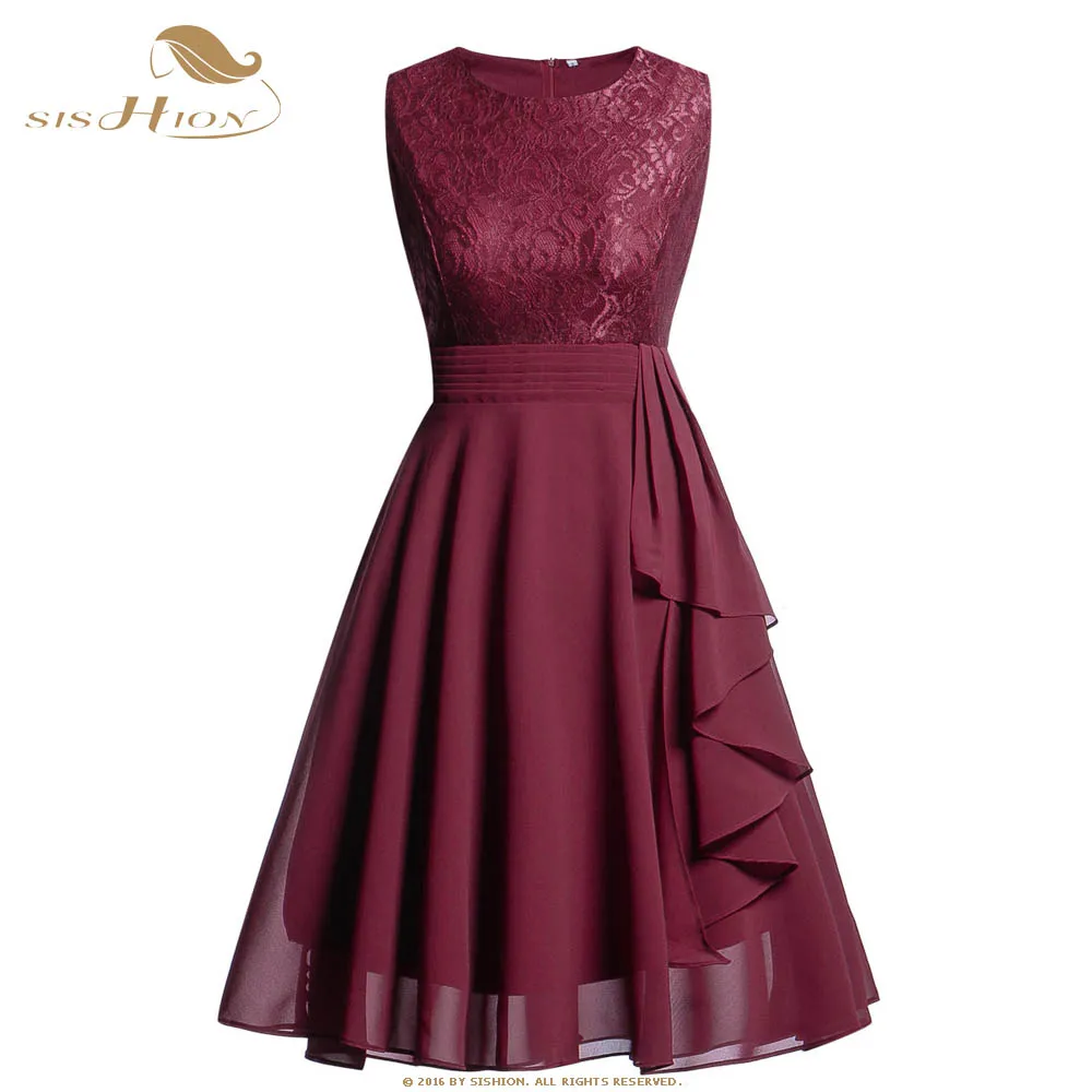 

SISHION Summer Chiffon Dress Elegant Women Sleeveless High Waist Pink Navy Blue Wine Red Purple Lace Swing Vintage Dress VD0953