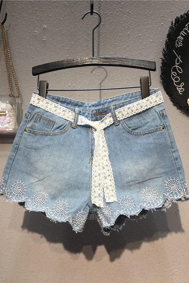 

2019 Shorts Mid Waist Jeans Women Wide Leg Pants Washed Bleached Zippers Pockets Button Lace Softener Skinny Punk Style