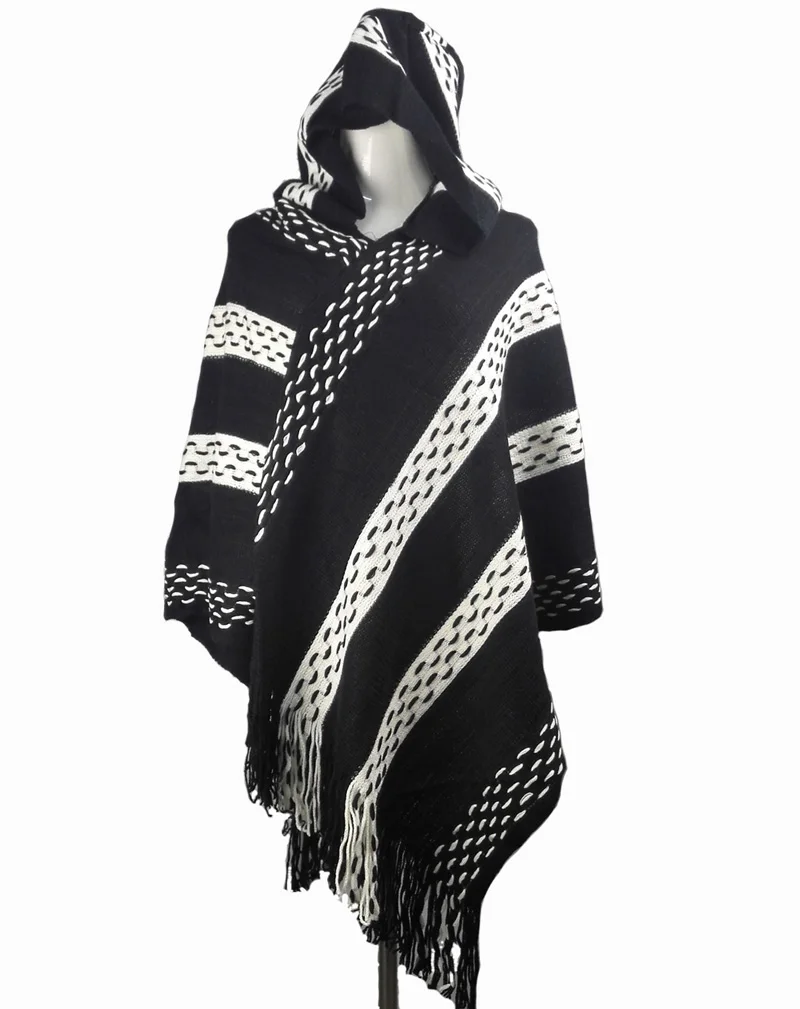 c1 Boho, для девушек, черный, белый, с капюшоном, кардиганы, для женщин, осень, зима, вязанная акриловая накидка, без рукавов, пончо, свитер, PRY004 - Цвет: c1