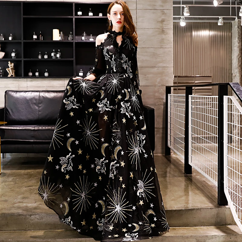 SSYFashion новое черное вечернее платье с лямкой на шее, рукав до локтя, длина до пола, блестящее платье для выпускного вечера, на заказ, вечерние платья