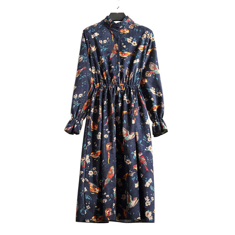 Весенне-осеннее женское Цветочное платье с длинными рукавами и круглым вырезом