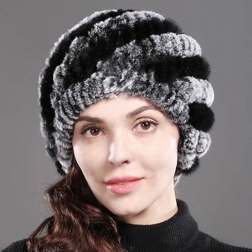 grey black Хорошие эластичные трикотажные Настоящий мех кролика шапки бини шапки Шапки Для женщин с мехом кролика меховые шапочки шляпа натуральным шапки из меха кролика рекс - Цвет: grey black