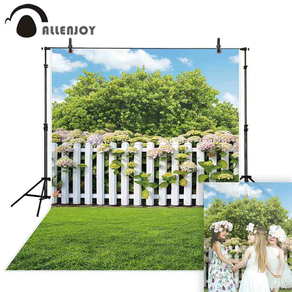 Фон для фотосъемки Allenjoy с изображением весеннего забора травы зеленого сада