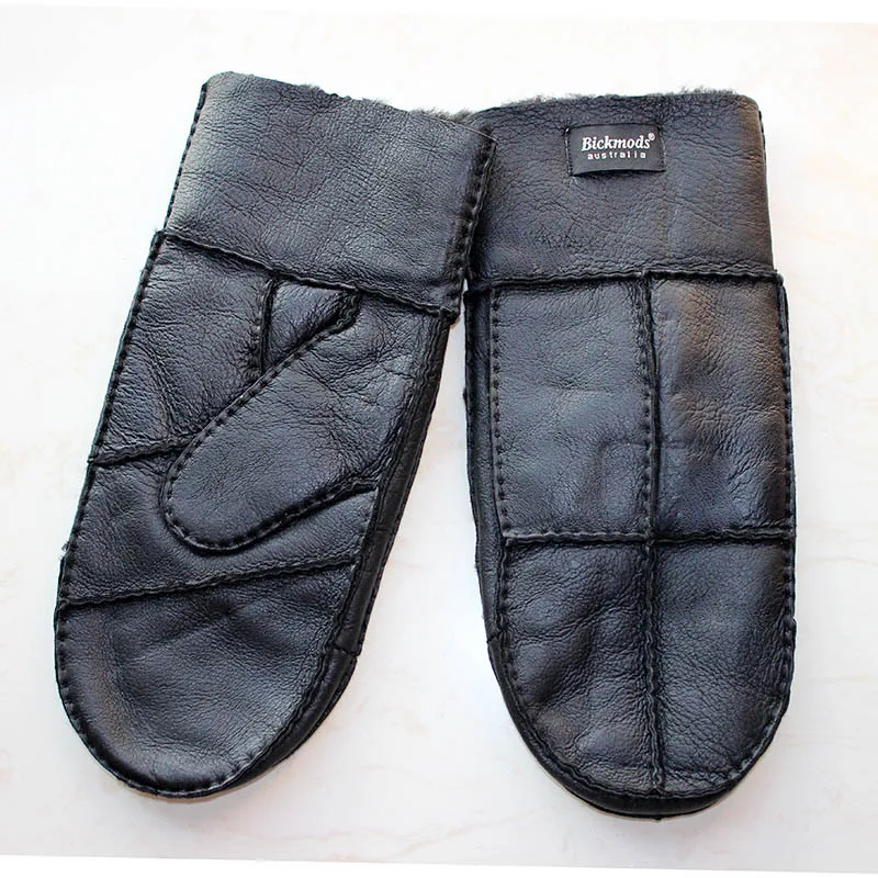 Black smooth leather Новинка, мужские перчатки из овечьей шерсти, толстые зимние ветрозащитные перчатки с шерстяной подкладкой, теплые мужские кожаные перчатки без пальцев - Цвет: Black smooth leather