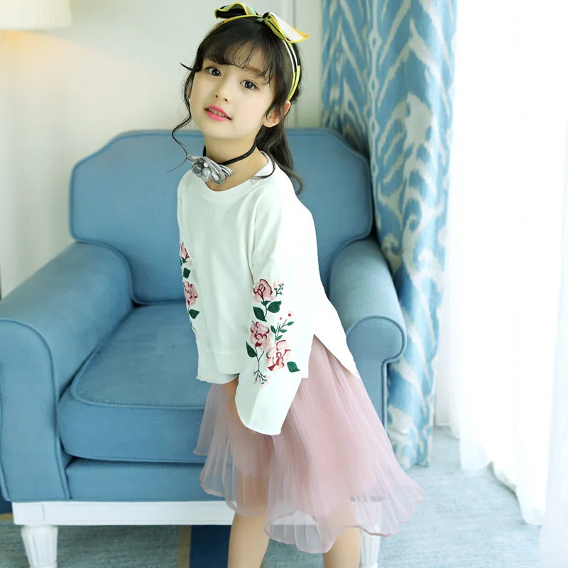 Детская одежда 2017 г. осенний костюм с юбкой розового цвета вышивкой и длинными