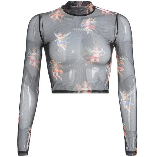 Women See Through Transparent Mesh Tops Long Sleeve Sheer Slim Ladies Sexy T-Shirt 2020 New Arrival T Shirt Camiseta | Женская одежда