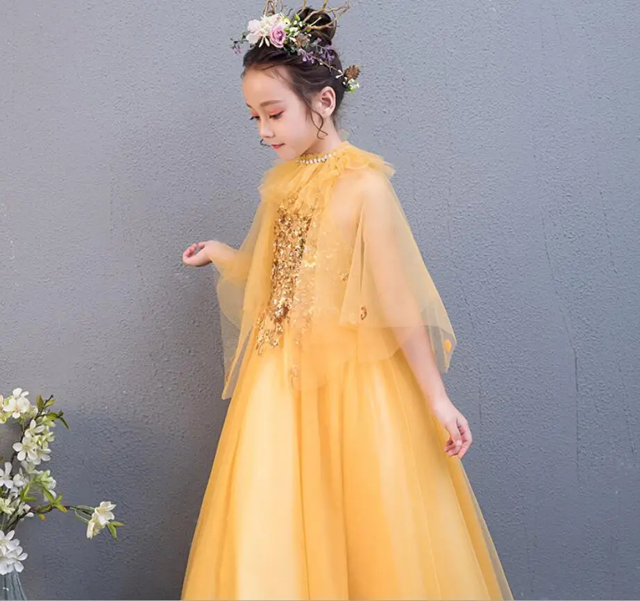 Girls Yellow Glitter Princess Tutu Dress Inspired Kids Rhinestone Wedding A-Line Children Prom Birthday Party HW2395 | Детская одежда и