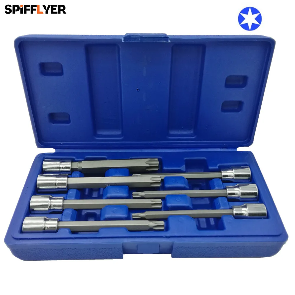 

SPIFFYER 7PC 3/8" Drive Long Reach Star Bit Socket Set T25 T30 T40 T45 T50 T55 T60 Extra Long 110mm CR-V Torx Bit Socket Set