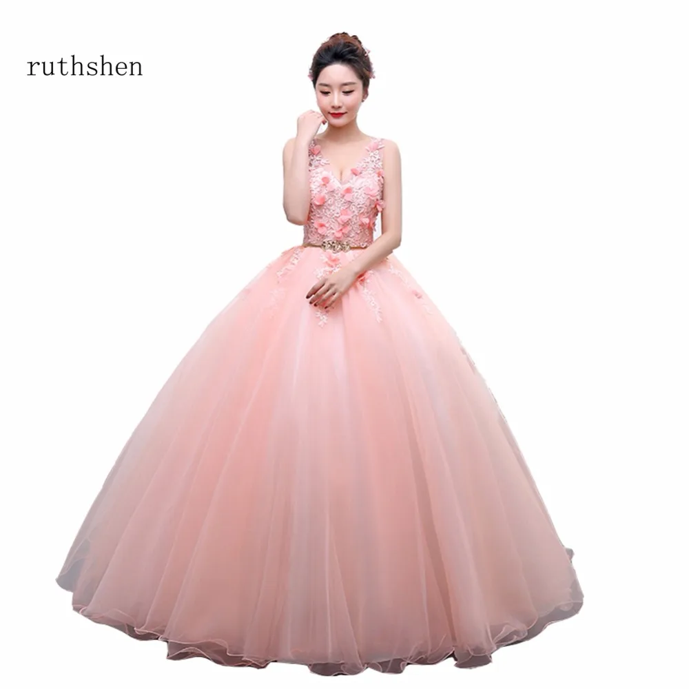 

Ruthshen/розовые милые платья 16 Quinceanera, недорогие сексуальные платья с v-образным вырезом, цветами и бусинами, фатиновые вечерние платья для подр...