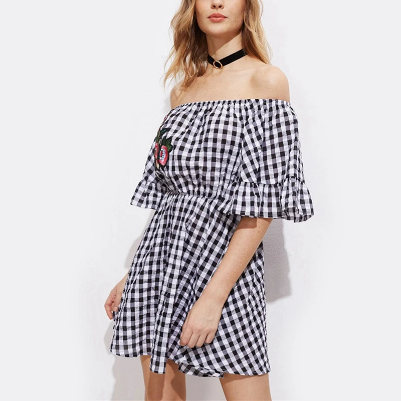 2017 Cold Shoulder Slash Neck Black White Plaid Dress Flower Print Flare Sleeve Mini Girl Party Dresses Vestidos |