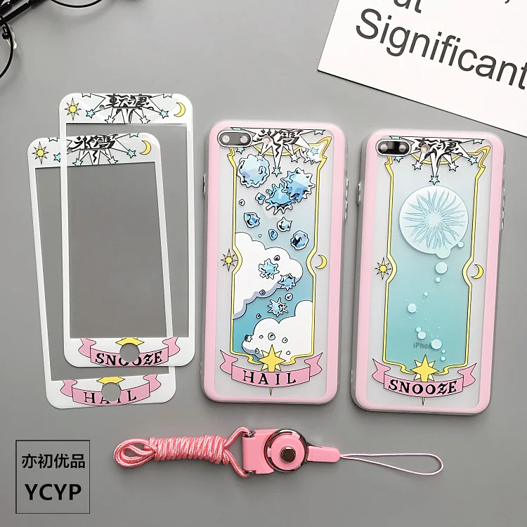 For iphone X Card Captor Sakura Case +Tempered Glass Screen film for 8 8plus 6 6S plus 7 7plus transparent cover + |
