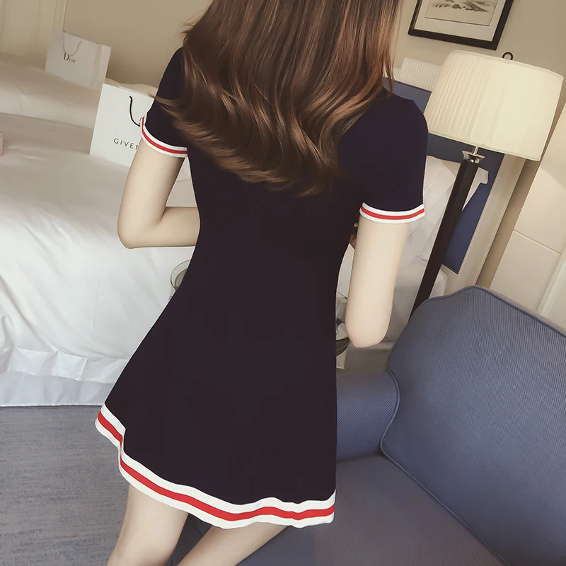 Новое трикотажное платье в стиле преппи с бантом и v образным вырезом милые