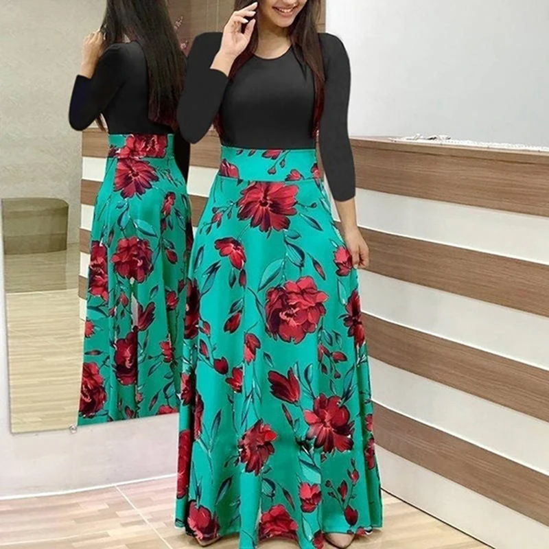 

Vintage Floral Print Patchwork Long Dress Women Casual Long Sleeve Party Dress Elegant O Neck Ladies Maxi Sundress Dress