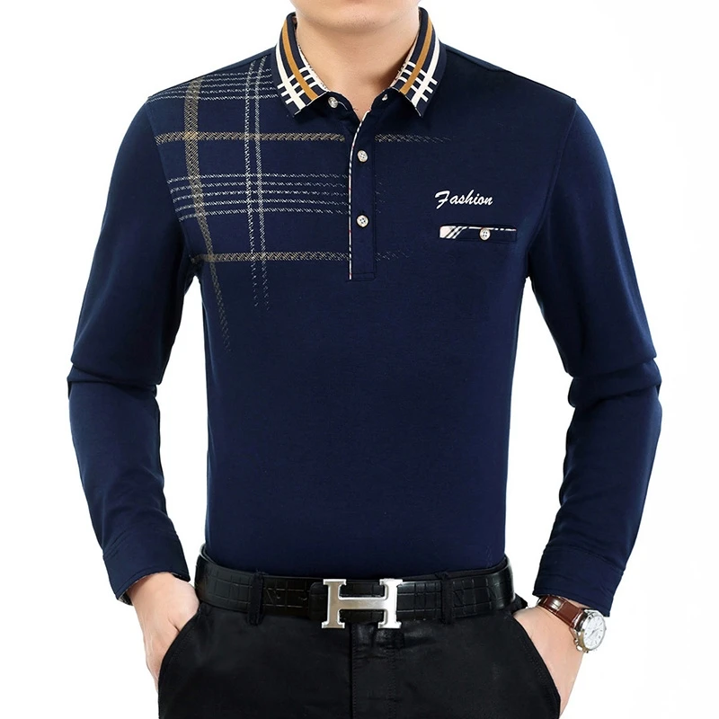 2018 весна и осень плюс размер Мужская рубашка поло с длинным рукавом отворотом