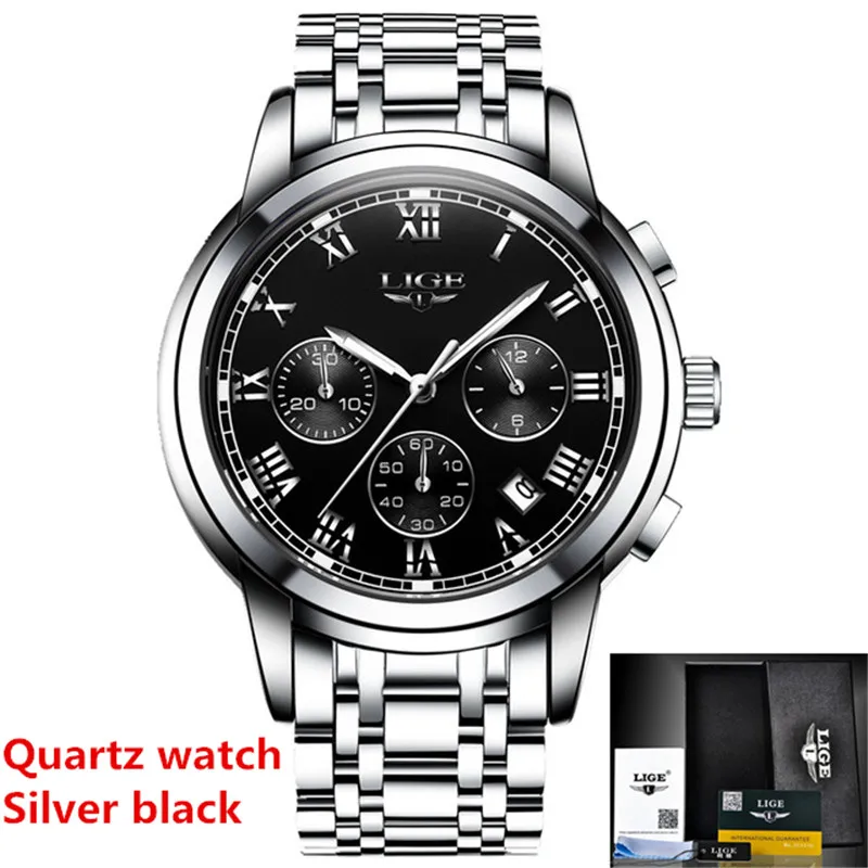 S Silver black Модные мужские часы LIGE Топ бренд класса люкс Tourbillon водонепроницаемые автоматические механические часы мужские спортивные часы из нержавеющей стали+ коробка - Цвет: S Silver black