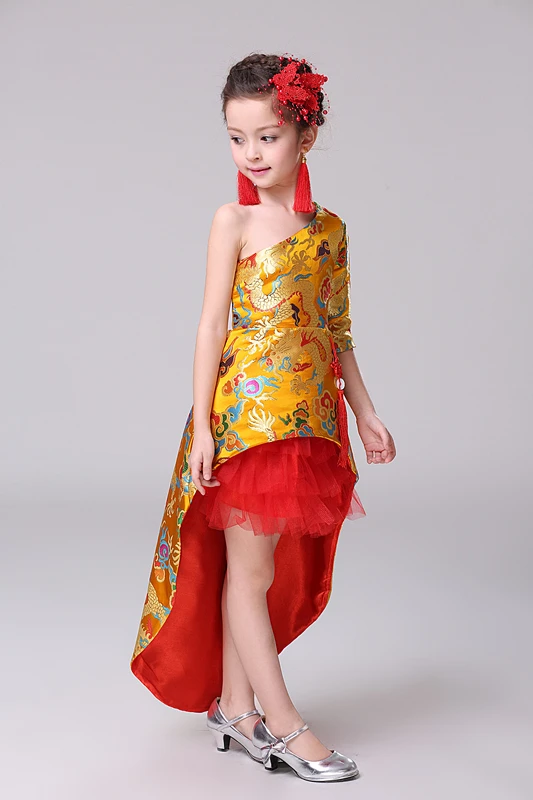 Китайские традиционные дети Cheongsam девушки детей желтый со шлейфом принцесса цветы Qipao на день рождения и свадьбу Oriental Платья для вечеринок
