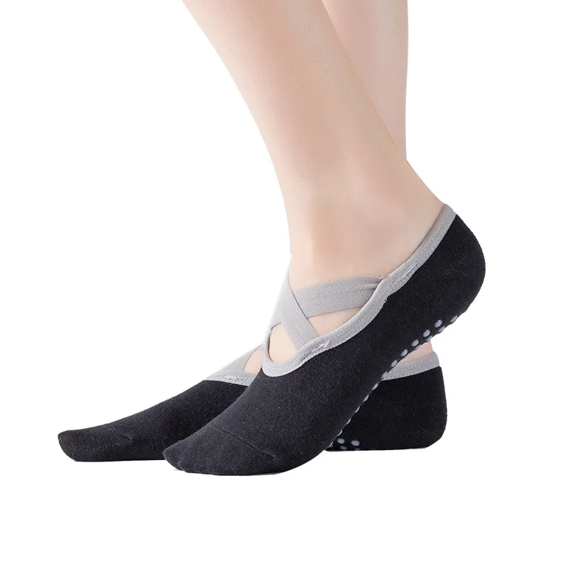 HANQING Round Sport Yoga Socks Ladies Ballet Dancing Anti-Slip Sports Cotton With Ribbons Fitness Women |