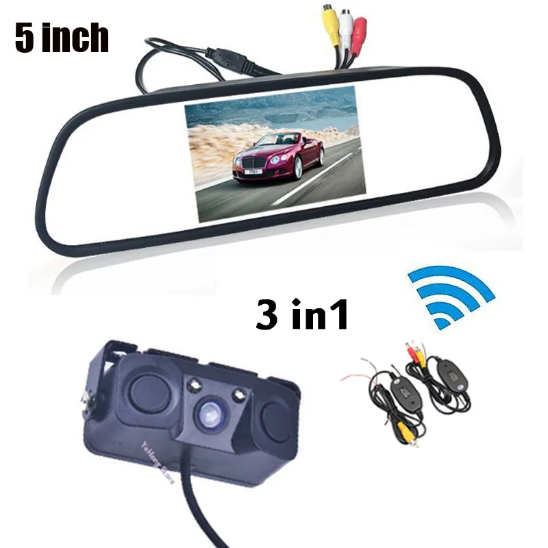 Wireless 3 in 1 HD 5 inch 800x480 Screen Car Rearview Mirror Monitor With Parking Camera + 2 Video Parking Radar 2 Sensors