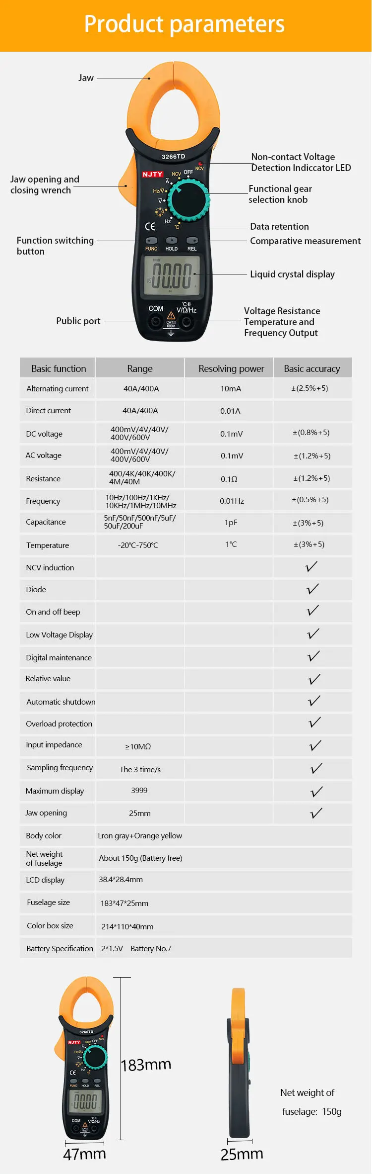 Горячая Распродажа TY3266TD цифровой клещи ACA AC/DCV Сопротивление Емкость Частота Температура NCV 3999 отсчетов Амперметр тестер