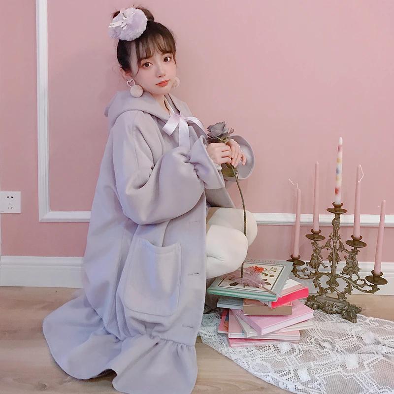 

Princess sweet lolita coat Bobon21 Temperament Maiden Retro Flower Bud Lotus Leaf Lace Long hooded Wool Overcoat women C1684