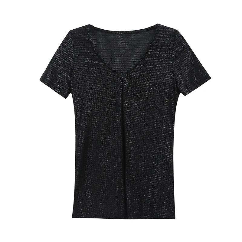 Женская серебряная шелковая тенниска с треугольным вырезом и блестками в