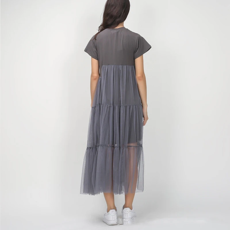 Korea 2018 Summer Women Mesh Patchwork Loose Casual Mid-calf Dress Female Vestido | Женская одежда