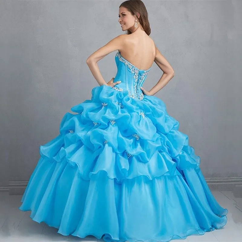 Красивые Дебютантка Кристалл Сладкий 16 Платья Голубой Quinceanera Многоуровневое Ruffles