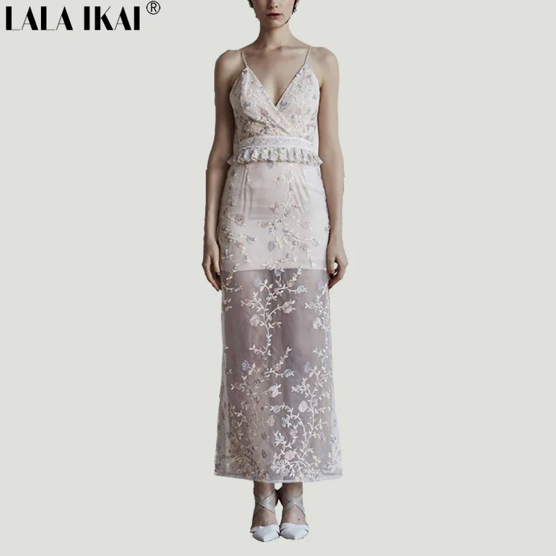 Бохо Лето Женщины Макси платье пикантные Разделение Вышивка V шеи платья без