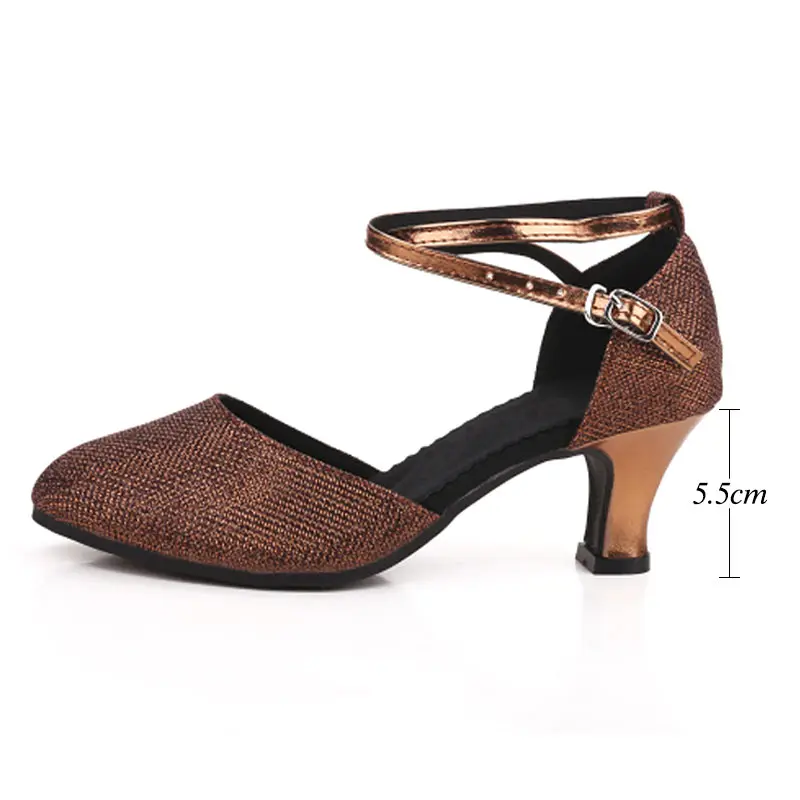 Brown 5.5cm Женская танцевальная обувь для латинских танцев сальсы с закрытым носком; цвет золотистый, фиолетовый; мягкая подошва; обувь для взрослых женщин; Обувь для бальных танцев, танго; - Цвет: Brown 5.5cm