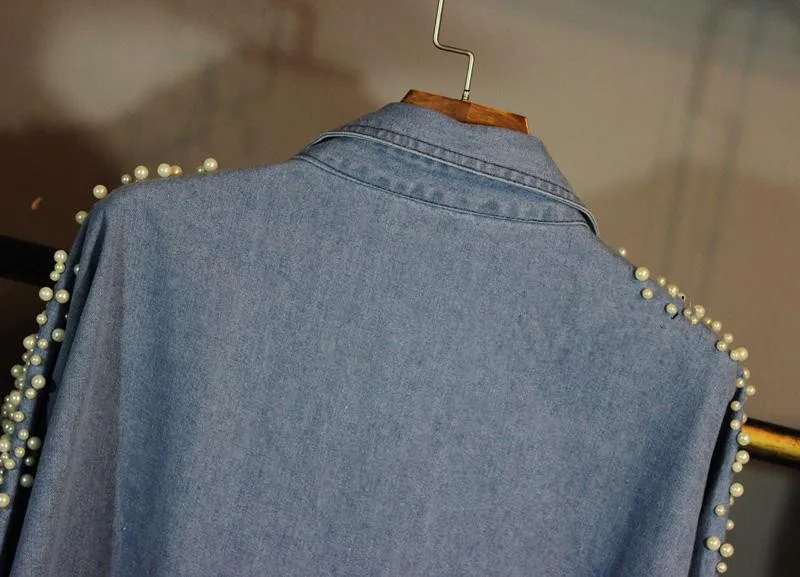 Новое поступление Для женщин джинсовая рубашка жемчужной пряжкой с длинными