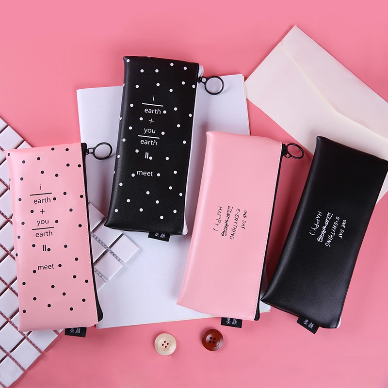 Cute Pink pencil case for girls Kawaii Black white Dot Pu Leather Pen Bag Stationery Pouch Office School Supplies Zakka escolar |